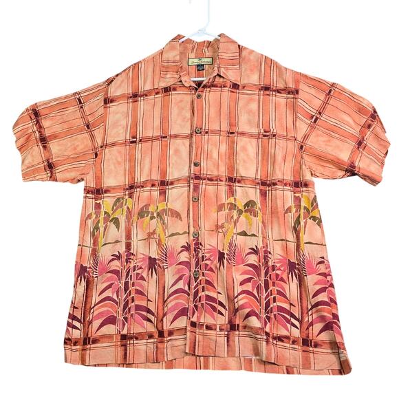 Tommy Bahama Hawaiian Silk Button Shirt Men's Large Orange Floral Tropical Palm - Picture 1 of 8